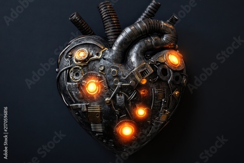 Steampunk iron heart model with glowing yellow lights and mechanical cogs
