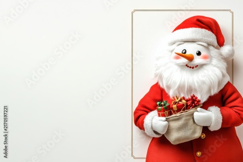 A santa inspired snowman complete with a red coat and gifts for a christmas and xmas holiday event card