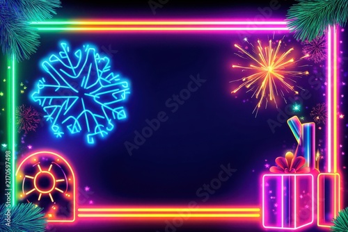 Vibrant neon lit contour frame with christmas and new year holiday decorations, card template layout