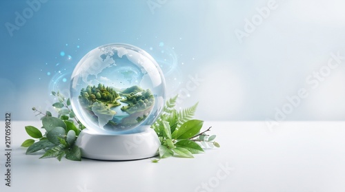 Minimalist glass globe surrounded by fresh green leaves and soft blue atmospheric elements on a white surface, symbolizing clean air, environmental protection, sustainability and a healthy planet.