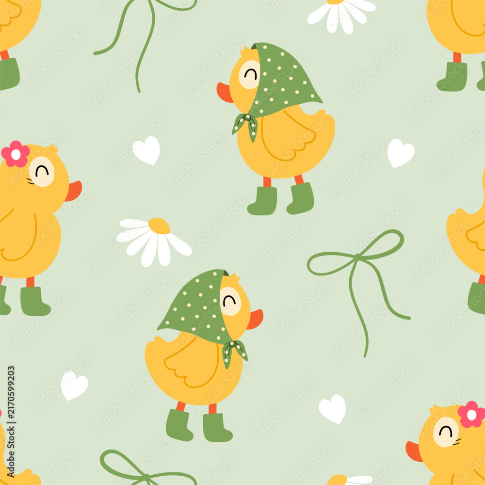 Obraz premium Cute yellow duck vector seamless pattern with green headscarf, rain boots, daisies, and hearts on soft sage green background for nursery decor, baby clothing, and textile design.