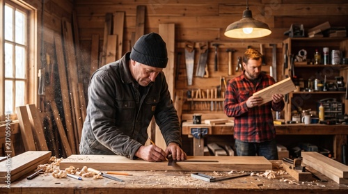 Two skilled carpenters working together in a rustic wood workshop