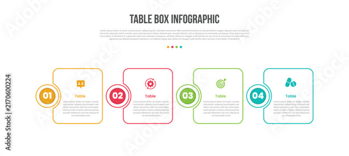 Table Box Infographic Template with 4 Point Chevron Design for Slide Presentation