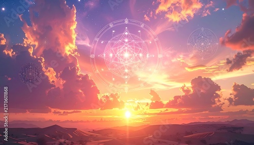 Surreal Sunset Sky with Sacred Geometry Overlay, Cosmic Sunrise, Spiritual Landscape