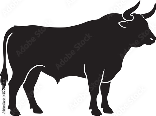 Black bull with large curved horns standing side view Vector