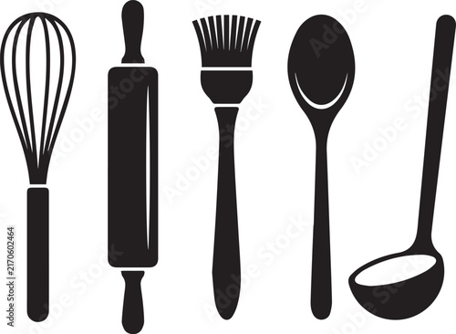 Set of black kitchen utensils for cooking and serving Vector