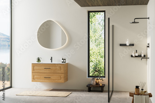 Bathroom interior modern minimalist vanity wooden cabinet empty room shower architecture design