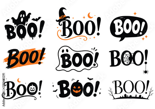 Halloween Boo Typography Lettering Collection with Spooky Black and Orange Designs