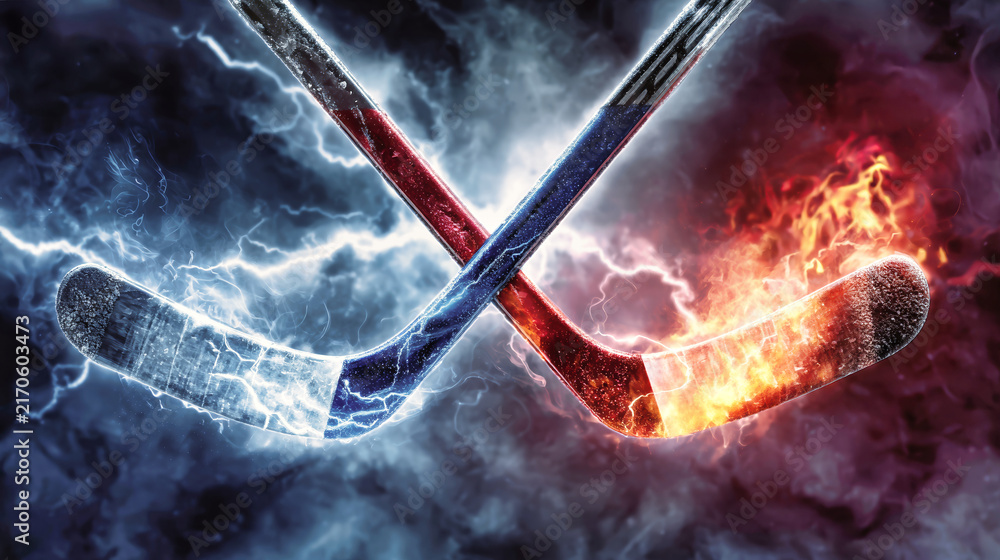 Fototapeta premium Two hockey sticks from different teams intersect with a puck bet