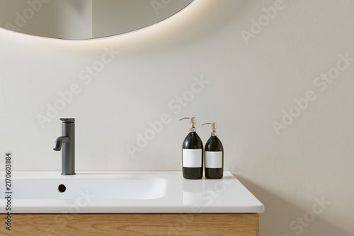 Obraz na plátne Bathroom interior close up modern vanity washbasin wooden cabinet soap dispenser