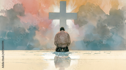 A figure kneels with his back to the viewer, facing a large cros