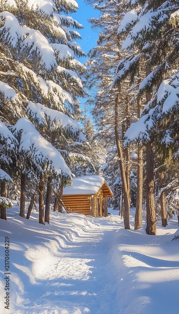Naklejka premium Picturesque Trail Through A Deep Winter Pine Forest Leading To A Small Log Cabin Covered In Snow