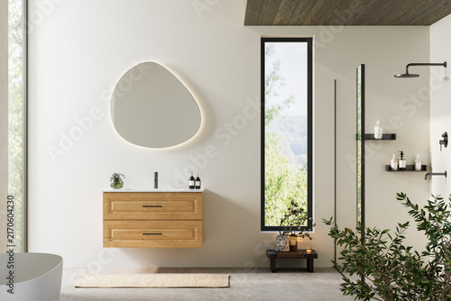Bathroom interior modern minimalist vanity wooden cabinet empty room shower architecture design