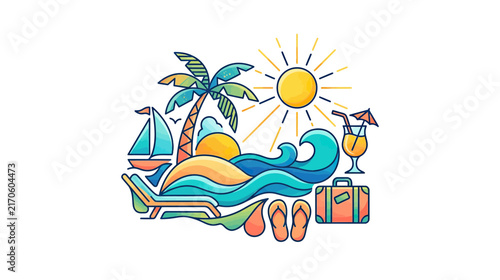 Tropical Island Vacation Scene with Palm Tree and Sun