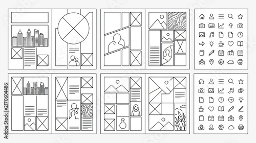 Website Wireframe Mockups with Icons and Layouts