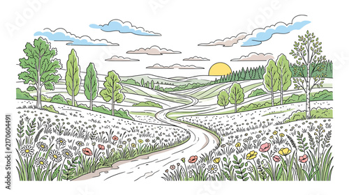 Winding Country Road Through Rolling Hills and Wildflowers