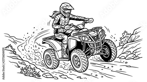 Woman riding ATV through rough terrain, line art style