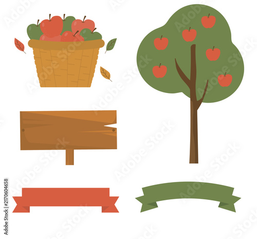 Apple Orchard Clip Art with Tree, Basket and Blank Sign