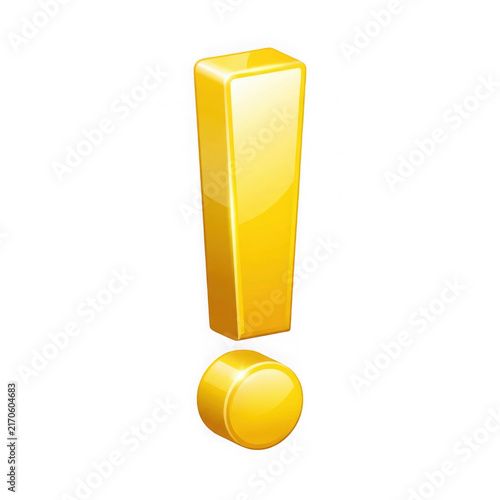 Shiny yellow exclamation mark sign as a 3d glossy icon for alert and warning notification isolated on transparent background