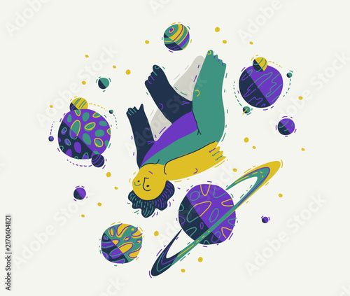Foto Person floating among planets in space, imagination and exploration concept, dreamer in universe, freedom, creativity, cosmic journey illustration