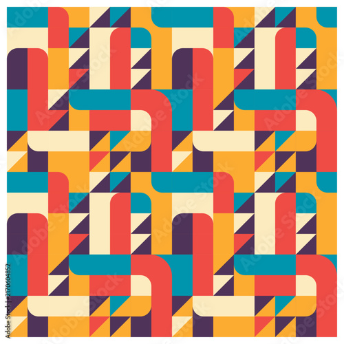 Abstract Geometric Seamless Pattern with Retro Bauhaus Style Curves and Triangles for Modern Textile, Fabric and Packaging Design - Vector Illustration