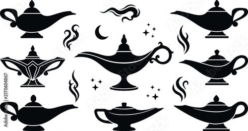 Aladdin magic genie oil lamp silhouette vector set featuring Arabian nights fairytale lamps mystical smoke clouds crescent moon and magic sparkle stars