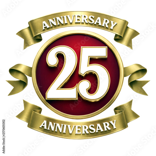 Elegant golden twenty fifth anniversary emblem with red circle and decorative banners celebration design