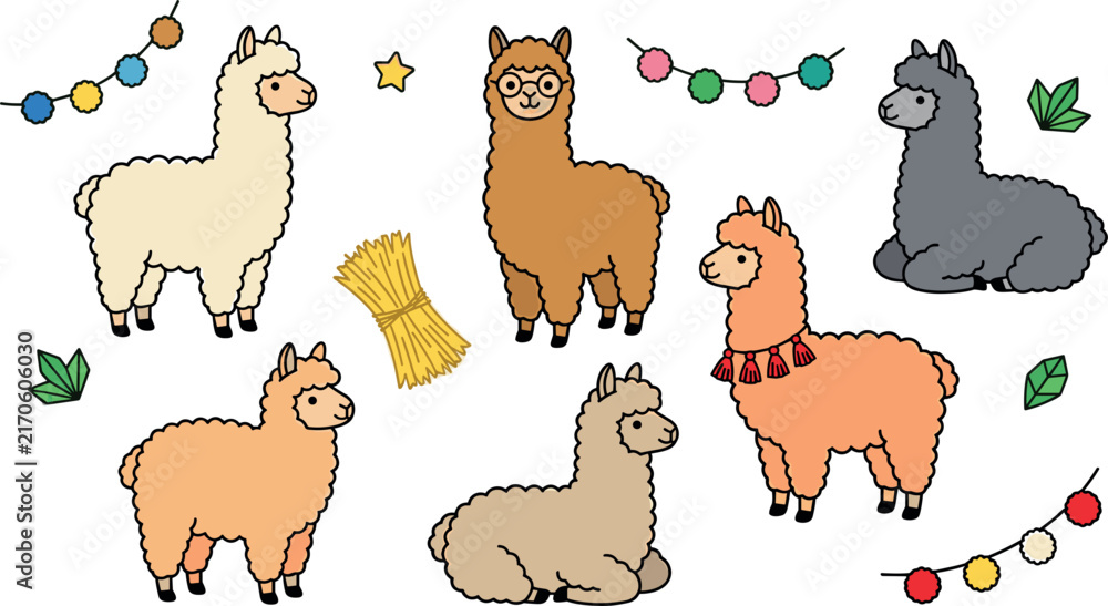 Naklejka premium Cute alpaca sticker vector set featuring cartoon llamas wearing glasses and tassels with colorful pompom garlands hay bale and star illustrations