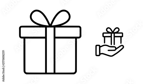 Картината върху платно Black and white outline gift box icons with ribbon bow and hand holding present