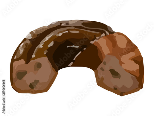 手描き厚塗りの半分にカットしたダブルチョコオールドファッションイラスト ショコラドーナツメニュー素材