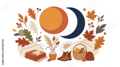 Autumn still life with celestial sun and fall leaves.