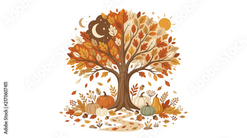 Autumn tree illustration with pumpkins and fall leaves