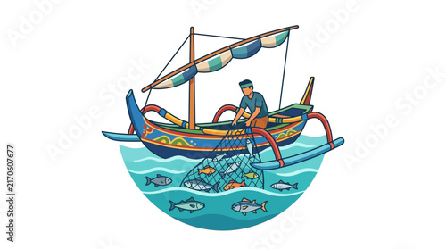 Balinese jukung fishing boat with fisherman and underwater fish.
