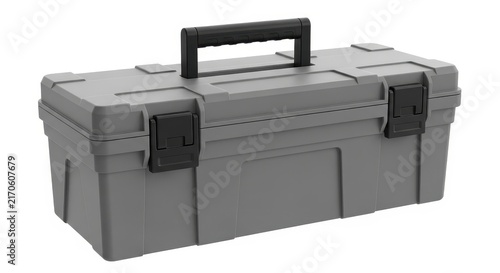 Gray plastic tool box with black handle isolated on white background