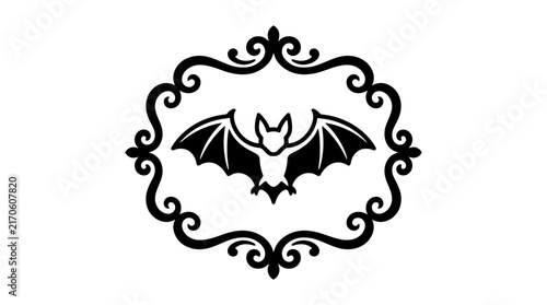 Bat silhouette in ornate decorative vintage frame icon.