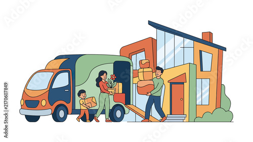 Family Moving Day with Truck and New House