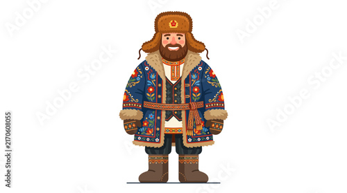 Bearded man in traditional winter Slavic folk costume.