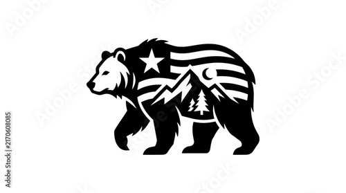Bear silhouette with internal mountain landscape art.