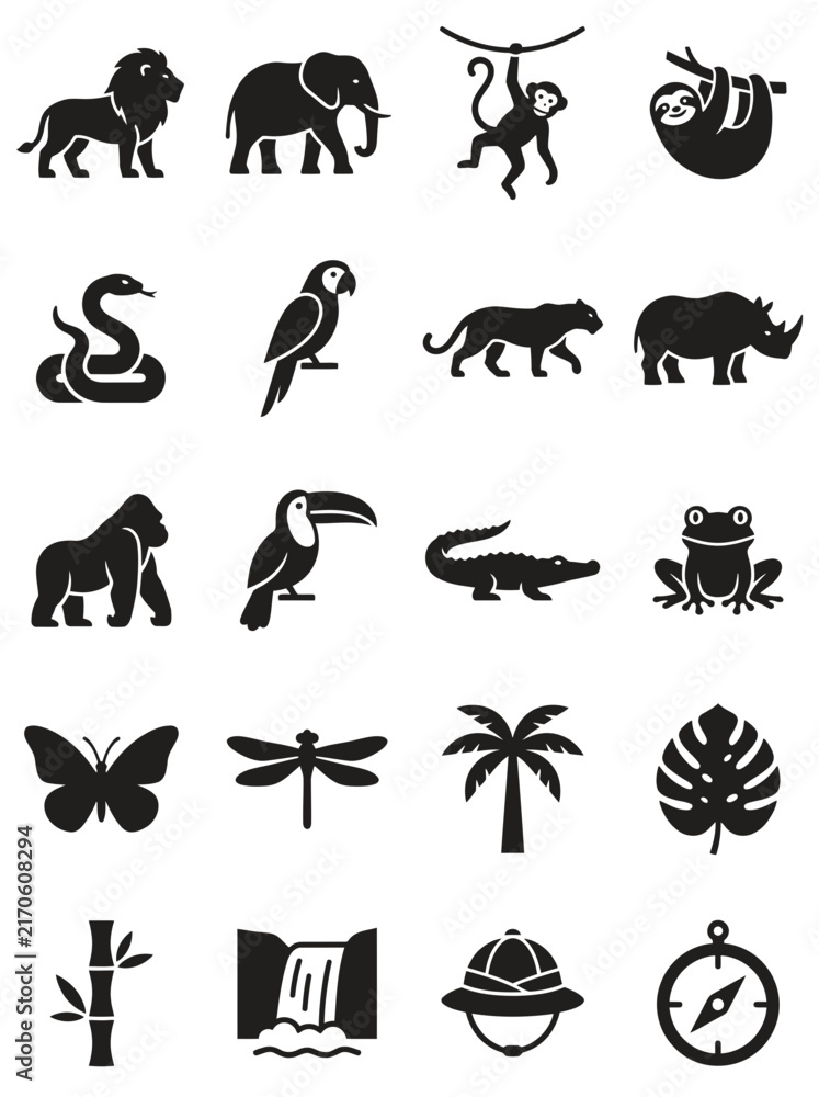 Naklejka premium Rainforest Wildlife Animals and Nature Vector Icon Collection