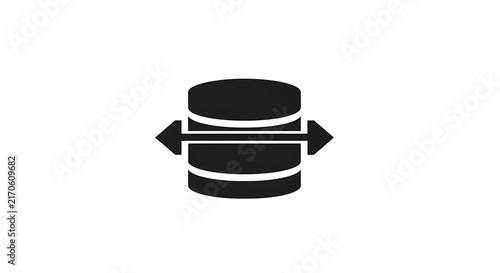 Black database icon with double sided horizontal arrow symbol on a white background