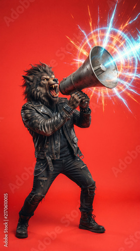 Werewolf in leather jacket holding megaphone with bright energy burst, conveying power, sound, and wildness, showcasing aggressive energy.