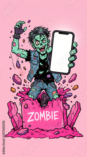 A cartoon zombie breaks from pink ground, holding a blank smartphone, showcasing a graphic, playful horror theme for apps or marketing.