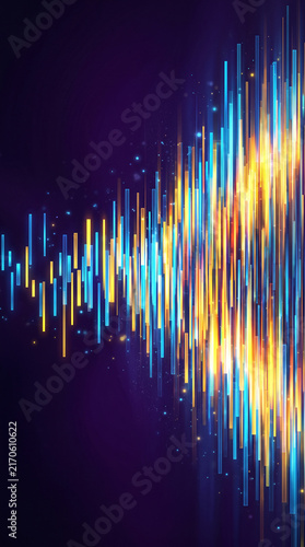 Glowing abstract vertical lines in blue and yellow create a dynamic, energetic display, symbolizing progress, data, or sound waves, perfect for tech concepts