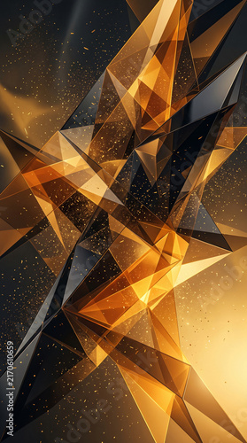 Abstract geometric shapes in black and gold with sparkling particles, symbolizing luxury, celebration, and elegance, perfect for abstract art concepts.