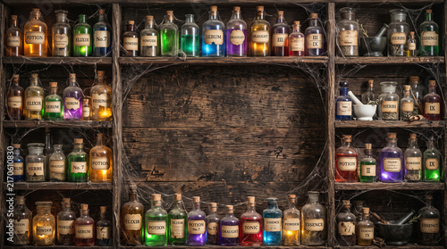 Ancient apothecary shelves with various glass bottles containing colored liquids, powders, and herbs, covered in cobwebs, evoking a mystical or alchemical theme
