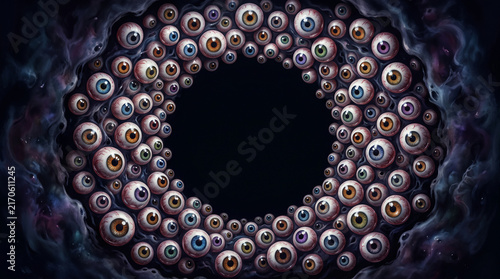 A cluster of lifelike eyeballs with varied iris colors fills the frame, evoking a sense of surveillance or intense focus. It symbolizes observation, awareness, and vigilance.