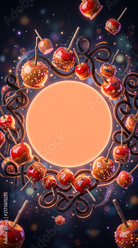 Shiny caramel apples and twisted licorice adorn a dark, star-speckled background, symbolizing autumn treats and festive decoration, with free space.