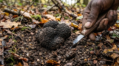 Person harvesting black truffle from soil using a small knife in a forested area with fallen leaves and natural foliage surrounding the scene