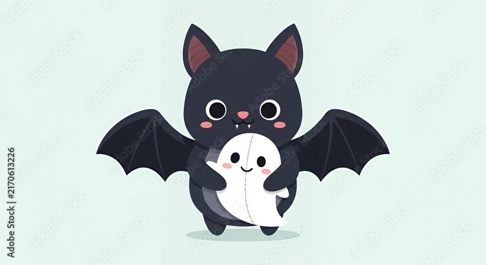 Fototapeta premium Cute Halloween Bat Hugging a Friendly Ghost Illustration.
