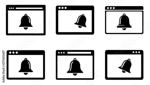 Browser notification bell icons in multiple states for web alerts, ringing, muted, and enabled interface concepts